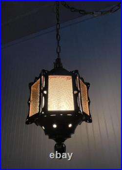 REWIRED Vtg Pendant Swag Hall Light 1950s 1960s 1970s Amber Gold Glass Lantern