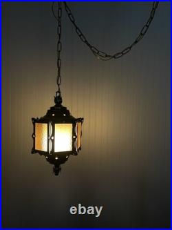 REWIRED Vtg Pendant Swag Hall Light 1950s 1960s 1970s Amber Gold Glass Lantern