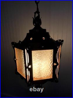 REWIRED Vtg Pendant Swag Hall Light 1950s 1960s 1970s Amber Gold Glass Lantern