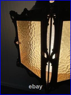 REWIRED Vtg Pendant Swag Hall Light 1950s 1960s 1970s Amber Gold Glass Lantern
