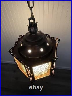 REWIRED Vtg Pendant Swag Hall Light 1950s 1960s 1970s Amber Gold Glass Lantern