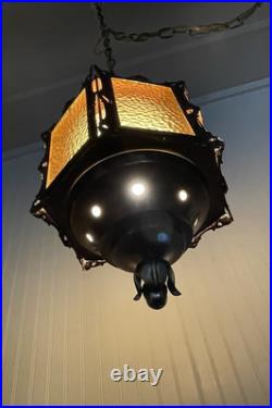 REWIRED Vtg Pendant Swag Hall Light 1950s 1960s 1970s Amber Gold Glass Lantern