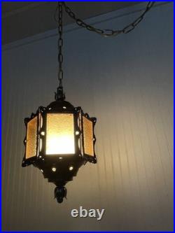 REWIRED Vtg Pendant Swag Hall Light 1950s 1960s 1970s Amber Gold Glass Lantern