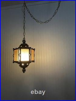 REWIRED Vtg Pendant Swag Hall Light 1950s 1960s 1970s Amber Gold Glass Lantern