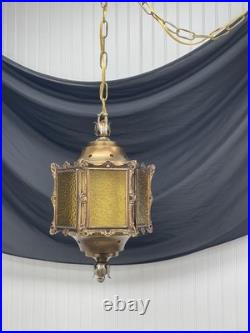 REWIRED Vtg Pendant Swag Hall Light 1950s 1960s 1970s Amber Gold Glass Lantern