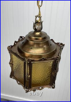 REWIRED Vtg Pendant Swag Hall Light 1950s 1960s 1970s Amber Gold Glass Lantern