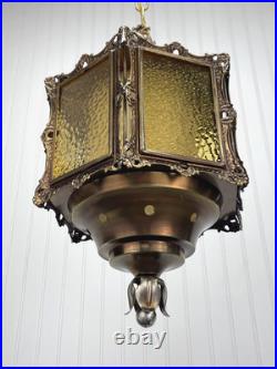 REWIRED Vtg Pendant Swag Hall Light 1950s 1960s 1970s Amber Gold Glass Lantern