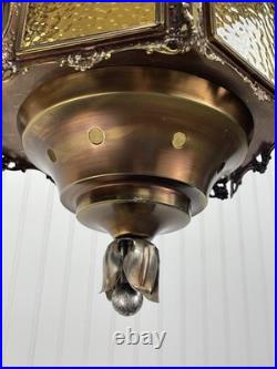 REWIRED Vtg Pendant Swag Hall Light 1950s 1960s 1970s Amber Gold Glass Lantern