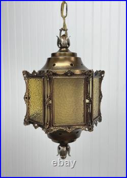 REWIRED Vtg Pendant Swag Hall Light 1950s 1960s 1970s Amber Gold Glass Lantern