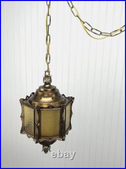 REWIRED Vtg Pendant Swag Hall Light 1950s 1960s 1970s Amber Gold Glass Lantern