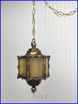 REWIRED Vtg Pendant Swag Hall Light 1950s 1960s 1970s Amber Gold Glass Lantern