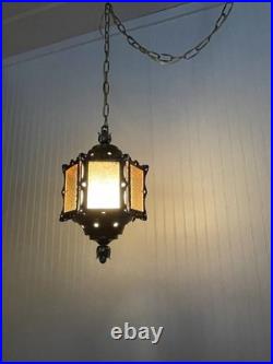 REWIRED Vtg Pendant Swag Hall Light 1950s 1960s 1970s Amber Gold Glass Lantern