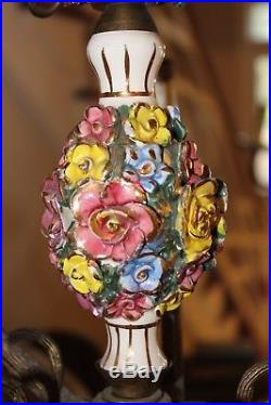 Rare 5 Lamp Porcelain Capodimonte VTG Flower Brass Chandelier Lamp Hanging Light