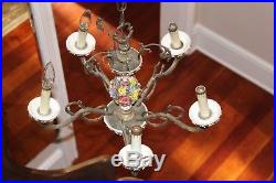 Rare 5 Lamp Porcelain Capodimonte VTG Flower Brass Chandelier Lamp Hanging Light