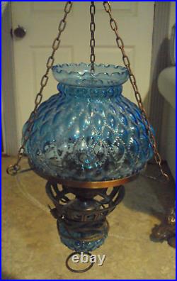 Rare Mid Century Modern Round Hanging Swag Lamp Blue Glass Vintage