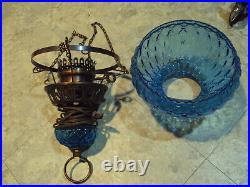 Rare Mid Century Modern Round Hanging Swag Lamp Blue Glass Vintage