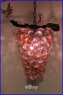 Rare Pink 60's Vintage 17 Lucite Acrylic Cluster Grapes Hanging Swag Lamp