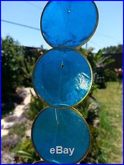 Rare Vintage Blue Capiz Shell Hanging Chandelier lamp with 2 orb pendants