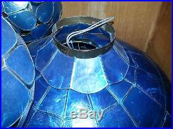 Rare Vintage Blue Capiz Shell Hanging Chandelier lamp with 2 orb pendants
