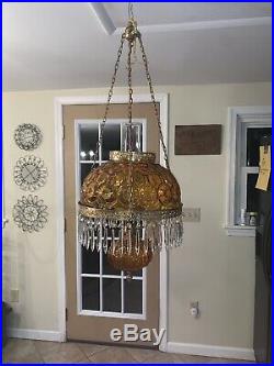 Rare Vintage L E Smith Amber Moon & Star Hanging Light With Prisms 14 Shade