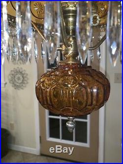 Rare Vintage L E Smith Amber Moon & Star Hanging Light With Prisms 14 Shade