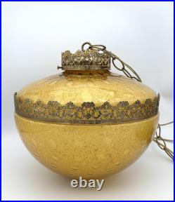Rare Vintage Large Amber Swag Pendant Light Amber Glass with Brass Accents MCM