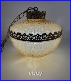 Rare Vintage Large Amber Swag Pendant Light Amber Glass with Brass Accents MCM