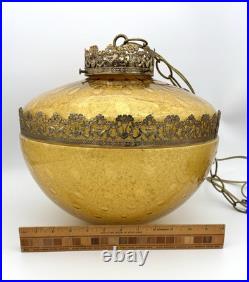 Rare Vintage Large Amber Swag Pendant Light Amber Glass with Brass Accents MCM