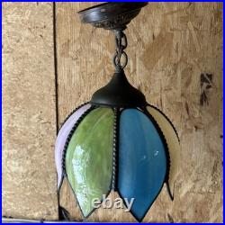 Rare Vintage Mcm Slag Leaded Glass Tulip Hanging Pendant Chain Lamp Fixture Blue