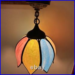 Rare Vintage Mcm Slag Leaded Glass Tulip Hanging Pendant Chain Lamp Fixture Blue