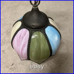 Rare Vintage Mcm Slag Leaded Glass Tulip Hanging Pendant Chain Lamp Fixture Blue
