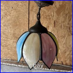 Rare Vintage Mcm Slag Leaded Glass Tulip Hanging Pendant Chain Lamp Fixture Blue