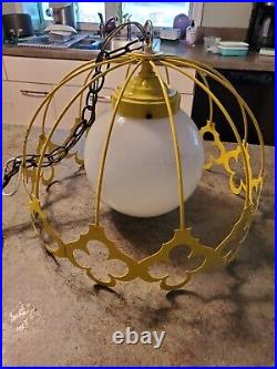 Rare Vintage Mid Century MCM Tole Ware Metal Hanging Light Lamp Glass Globe