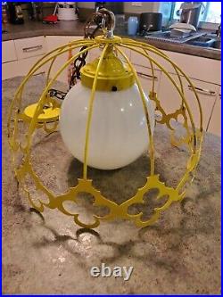 Rare Vintage Mid Century MCM Tole Ware Metal Hanging Light Lamp Glass Globe