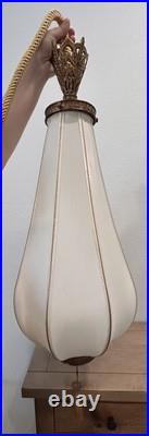 Rare Vtg 30 Hanging Tear Drop Swag Ribbed Silk Shade With Brass Pull Chain Lamp