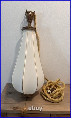 Rare Vtg 30 Hanging Tear Drop Swag Ribbed Silk Shade With Brass Pull Chain Lamp