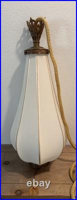 Rare Vtg 30 Hanging Tear Drop Swag Ribbed Silk Shade With Brass Pull Chain Lamp