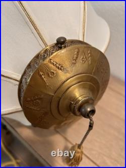 Rare Vtg 30 Hanging Tear Drop Swag Ribbed Silk Shade With Brass Pull Chain Lamp