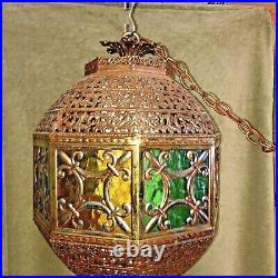 Rare Vtg MCM Swag Lamp 8 Colored Glass Panels Pierced Brass Tone Metal