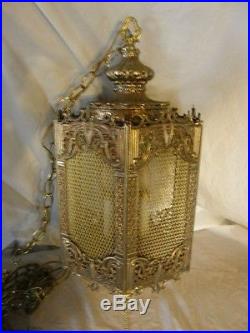 Rare vintage hollywood regency brass french hanging swag chandelier lamp light