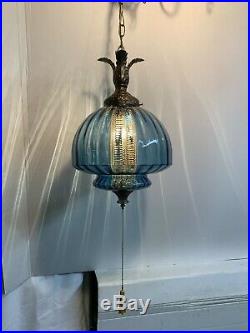 Real Blue Glass Vintage Mcm Hanging Swag Lamp Light With Diffuser