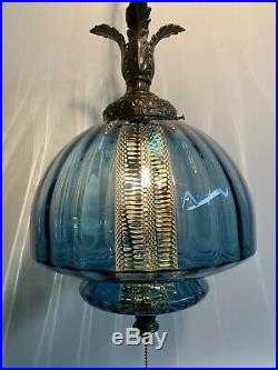 Real Blue Glass Vintage Mcm Hanging Swag Lamp Light With Diffuser