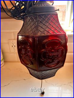 Red Glass Swag Hanging Pendant Lamp Plug-In Pull Chain, 1 Light, Black Cord