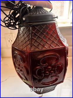 Red Glass Swag Hanging Pendant Lamp Plug-In Pull Chain, 1 Light, Black Cord Red Glass Swag Hanging Pendant Lamp Plug-In Pull Chain, 1 Light, Black Cord