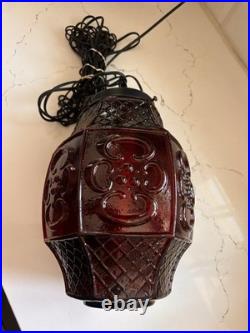 Red Glass Swag Hanging Pendant Lamp Plug-In Pull Chain, 1 Light, Black Cord