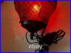 Red Glass Swag Hanging Pendant Lamp Plug-In Pull Chain, 1 Light, Black Cord