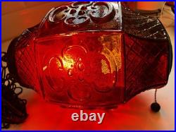 Red Glass Swag Hanging Pendant Lamp Plug-In Pull Chain, 1 Light, Black Cord