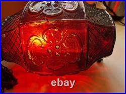 Red Glass Swag Hanging Pendant Lamp Plug-In Pull Chain, 1 Light, Black Cord