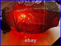 Red Glass Swag Hanging Pendant Lamp Plug-In Pull Chain, 1 Light, Black Cord