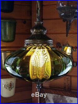 Restored Vintage Mid Century UFO Green Optic Blown Glass Hanging Swag Lamp Light